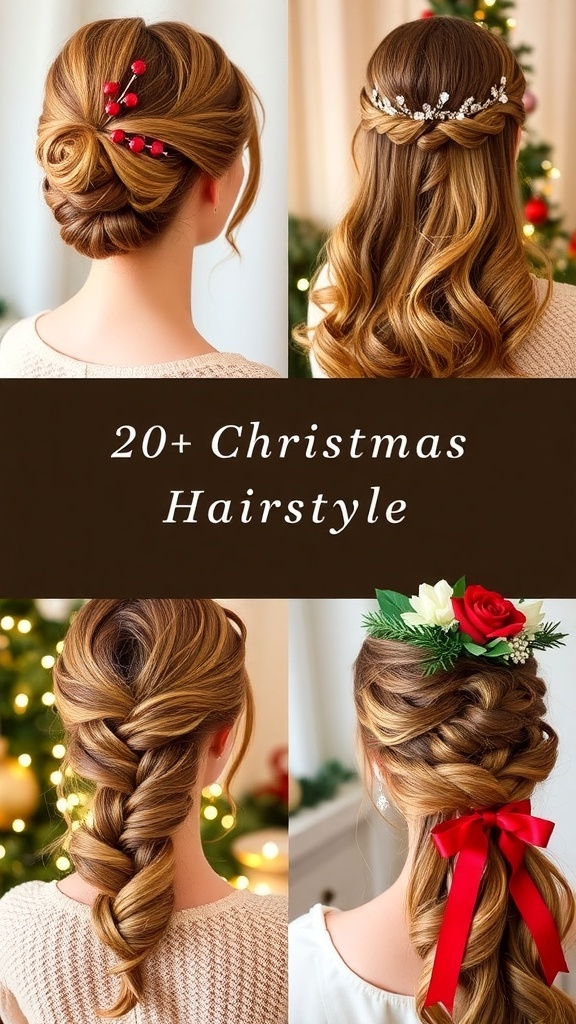 A collection of stylish Christmas hairstyles including updos, loose waves, and braids, set against a festive holiday backdrop.